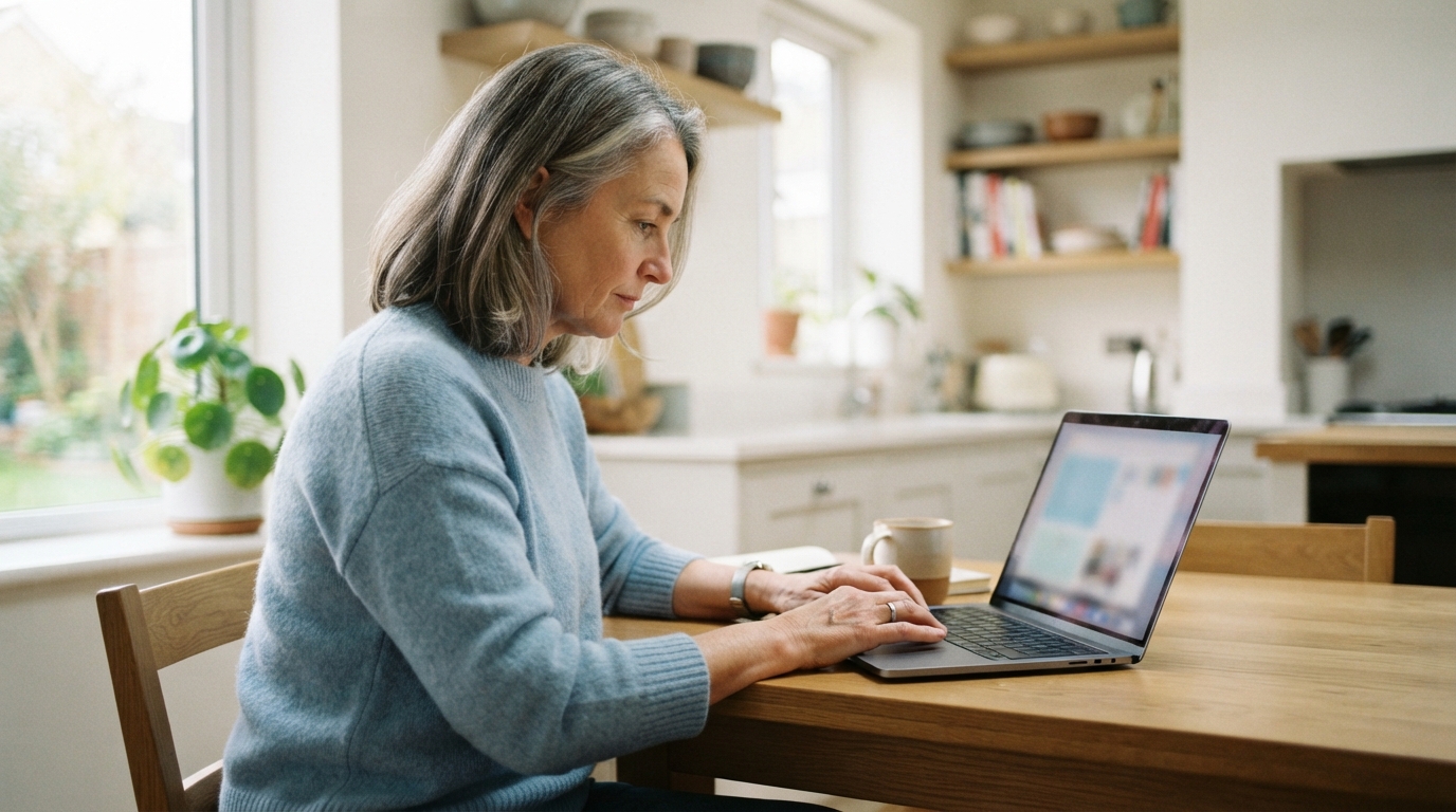 Gray-haired woman typing on a laptop at a wooden table in a bright kitchen.