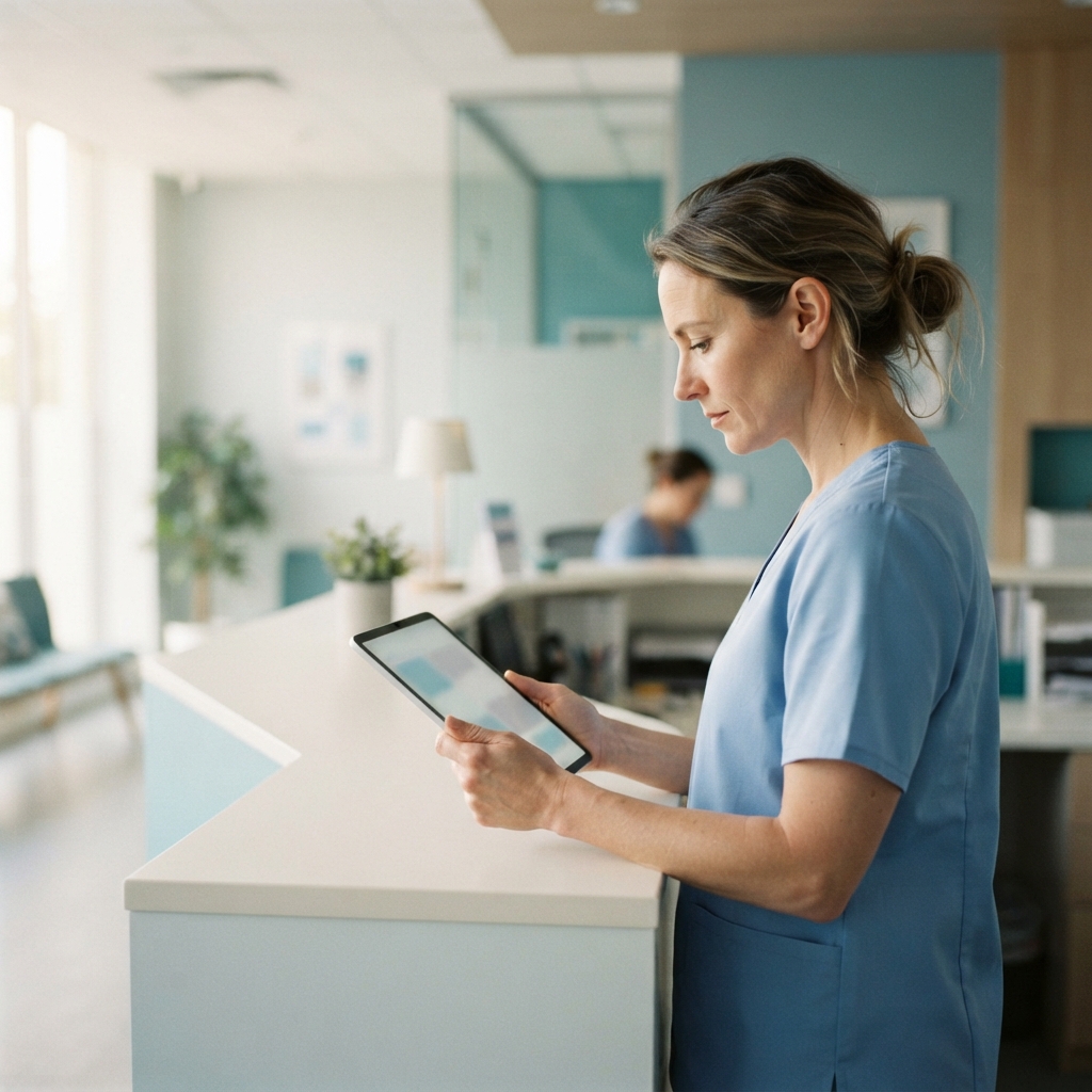 Healthcare worker in blue scrubs holding a tablet at a bright clinic reception counter.
